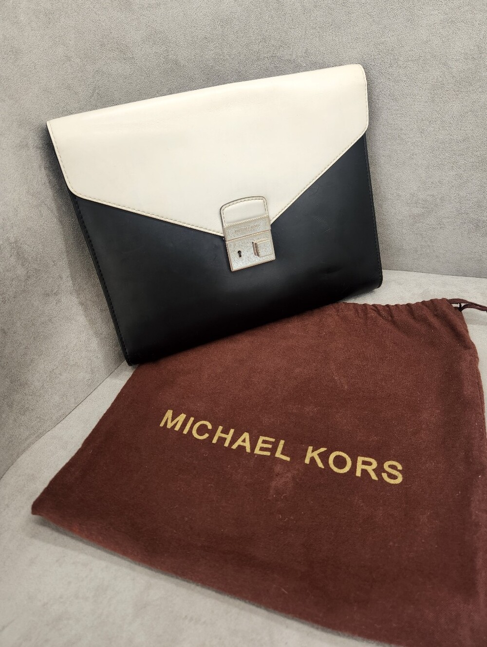 Michael Kors Collection Maxi Clutch Bag Black White Leather Colorblock Luxury